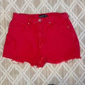 PrettyLittleThing High Waisted Red Jean Shorts